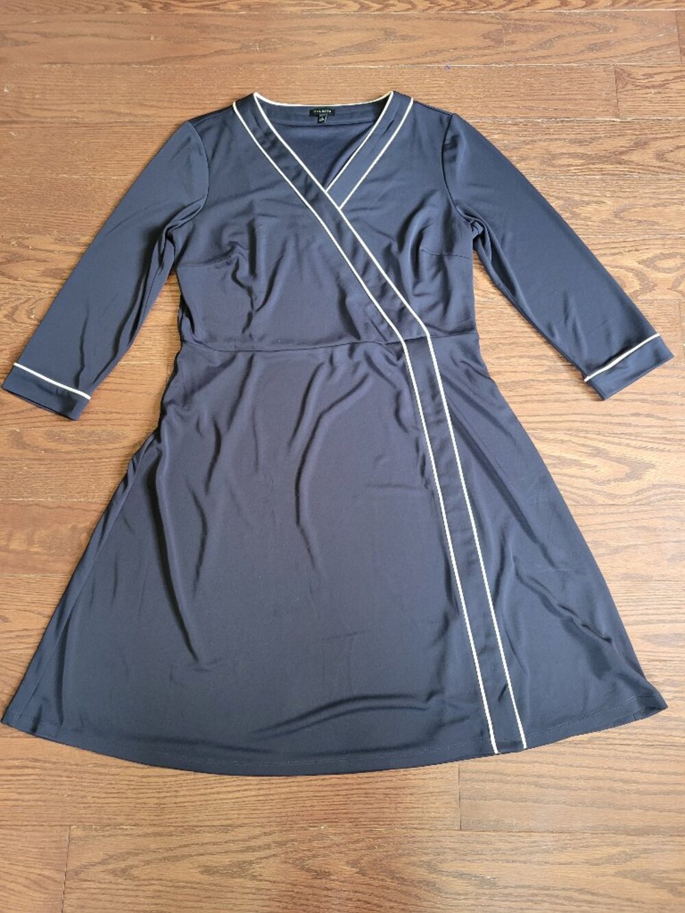 Talbots Knit Jersey Faux Wrap Dress Navy Blue White Trim 3/4 Sleeve Size L